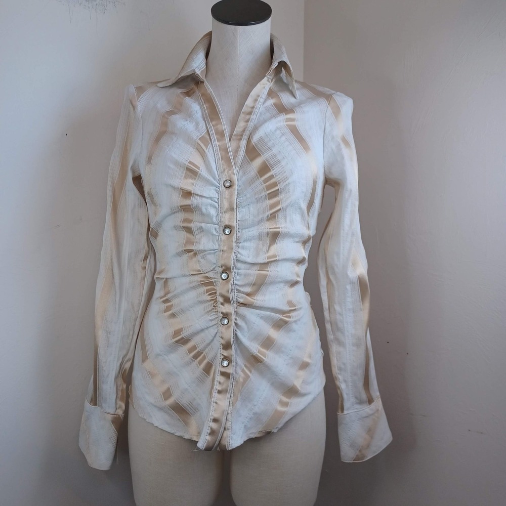 Cache Womens Gold White Striped Ruched Snap Front Blouse Metallic Textured M
